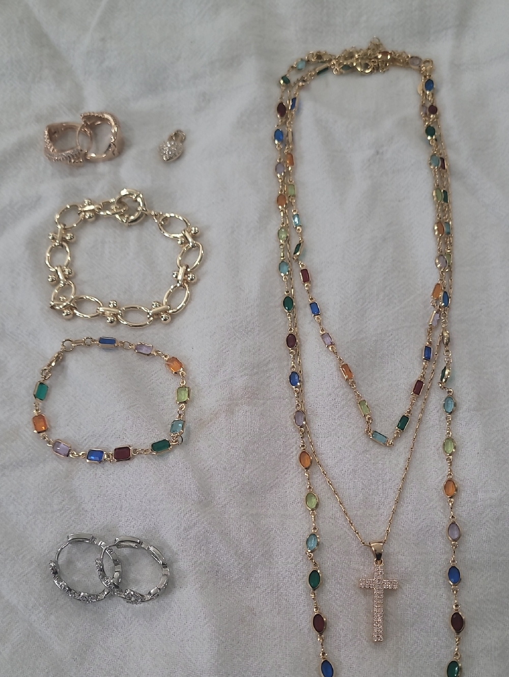 Gold Filled Multicolor Cross Necklace and Bracelet Set - Women Jewelry